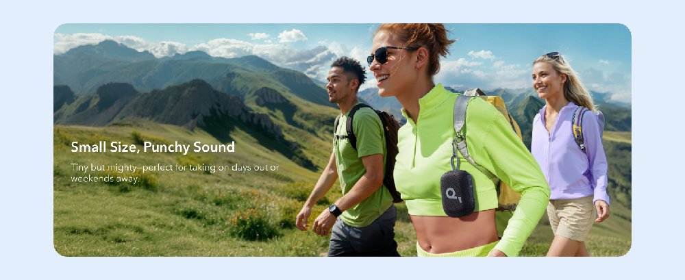 Marketing image showing three hikers in outdoor activewear against mountain landscape backdrop with text overlay 'Small Size, Punchy Sound'.